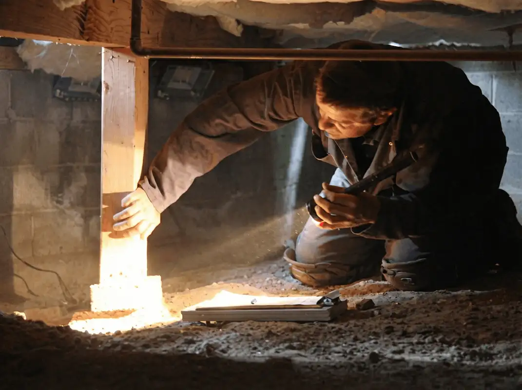 A professional inspecting wooden beams under the floor of a structure in Charleston, SC