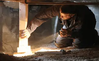 A professional inspecting wooden beams under the floor of a structure in Charleston, SC
